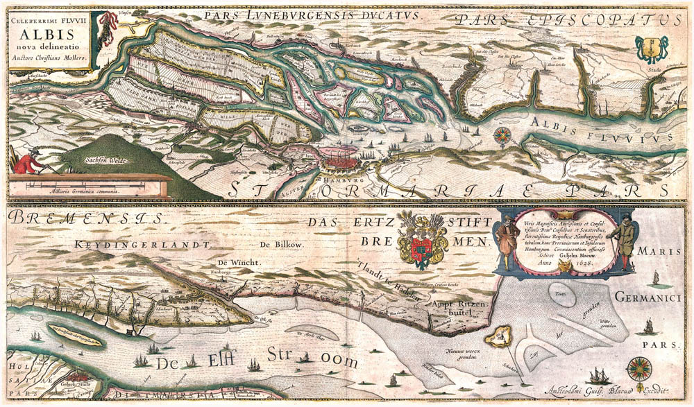 Elbe met Hamburg en Bremen 1628 Willem Blaeu